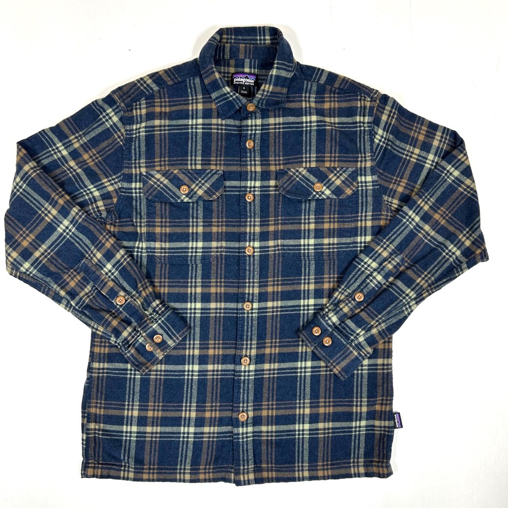 Patagonia Mens Organic Cotton Fjord Flannel Plaid Shirt Navy Brown 42480 Small